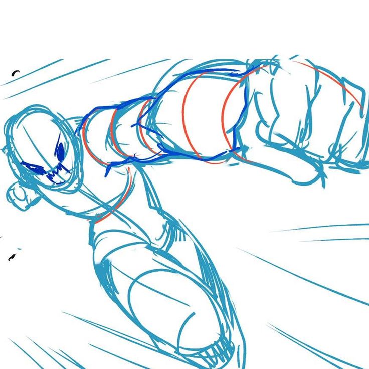 a sketch of a dynamic action pose of a superhero character. the character is drawn with a bold, dynamic line. the lines are layered in different colors, blue and red, to create a sense of depth and movement. the character is drawn in a pose of leaping forward, with their arm extended out in a punch. the sketch is done on a white background, with a few blue lines around the character to emphasize their motion.