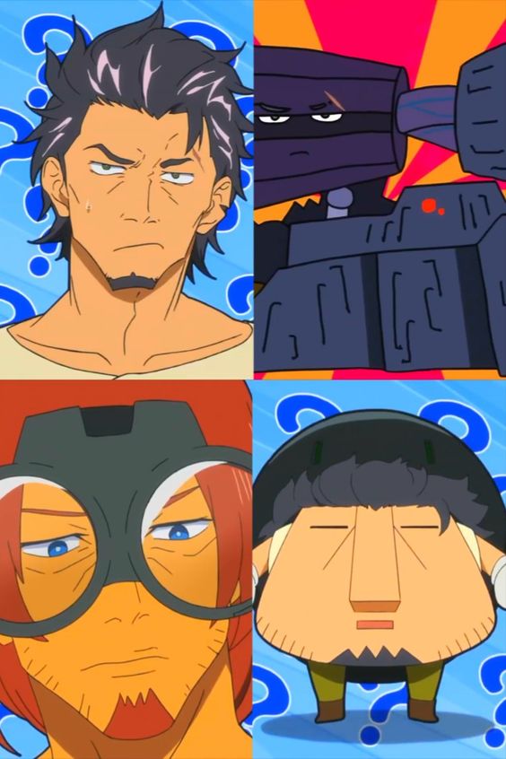 the image is a fourpanel collage featuring male anime characters. each panel showcases a different character with distinct features and expressions.  the background of each panel is a vibrant blue adorned with question marks, hinting at an element of mystery or intrigue.