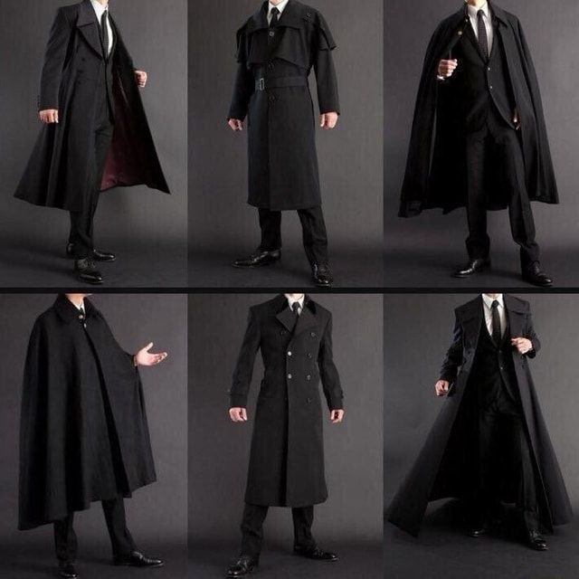the image showcases six men, all dressed in formal attire, each with a distinct outerwear style. they are wearing black suits, black coats, and black capes, with each one's coat and cape having subtle differences in length and style, demonstrating a range of elegant and sophisticated looks. they all have a black tie and black shoes, showcasing a consistent theme of formalwear. each man is posing with a slightly different stance, adding a touch of individuality to the overall image. the background is a simple backdrop of a light color, providing a neutral contrast and allowing the men's outfits to take center stage. overall, the image exudes a sense of confidence and sophistication, making it ideal for showcasing formal menswear or as inspiration for fashionconscious individuals.