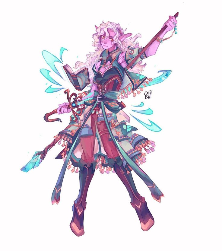 a vibrant illustration of a female elf character with purple skin, long white hair, and pointy ears. she's wearing a colorful outfit with tassels, and holding a staff and book in her hands. she appears to be a magic user with a confident and playful expression on her face. the image is full of whimsical details and vibrant colors, giving it a magical and enchanting feel.