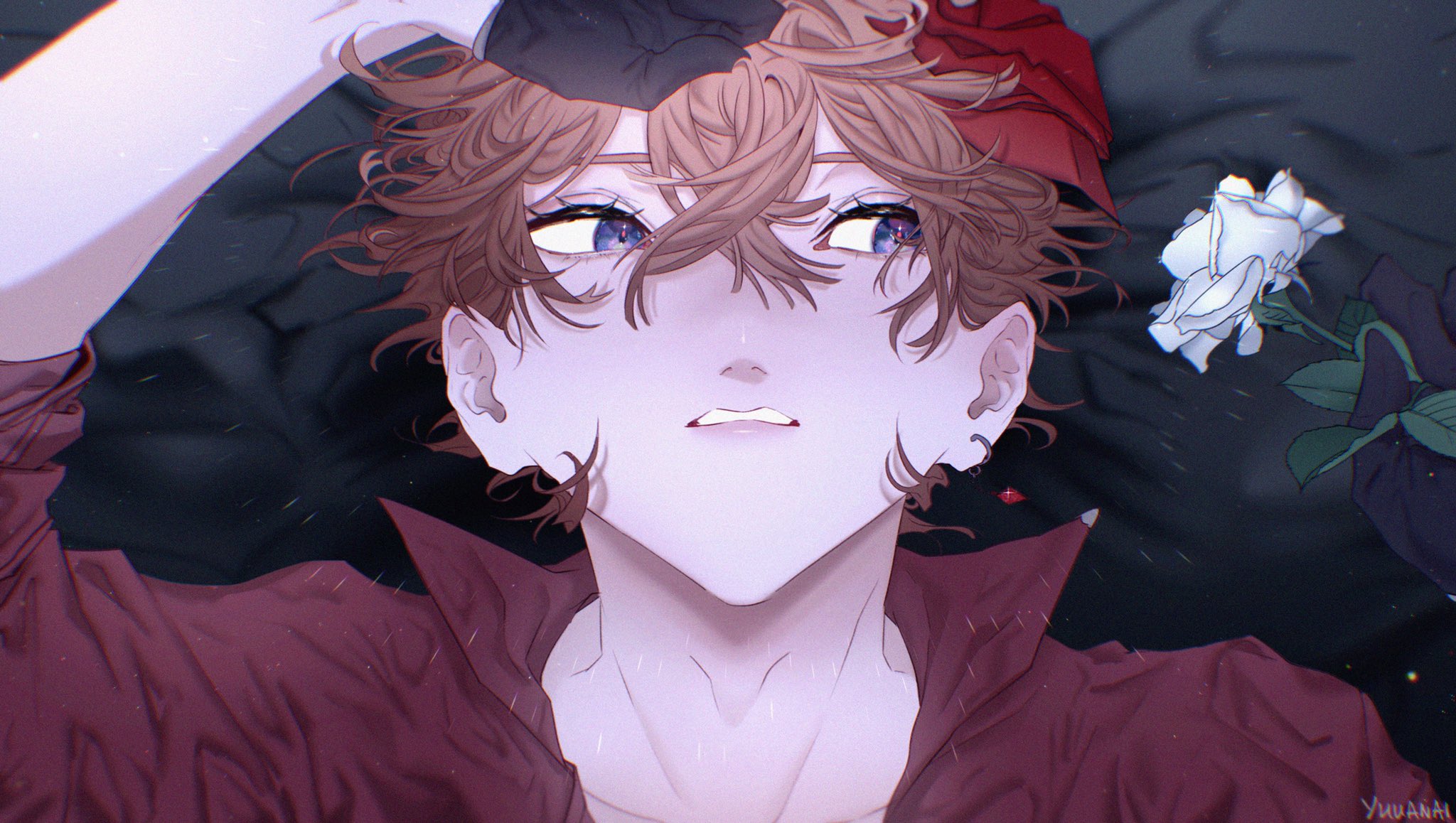 this is a drawing of an anime boy with brown hair and blue eyes. he's wearing a red jacket with a white flower behind him. he looks sad.