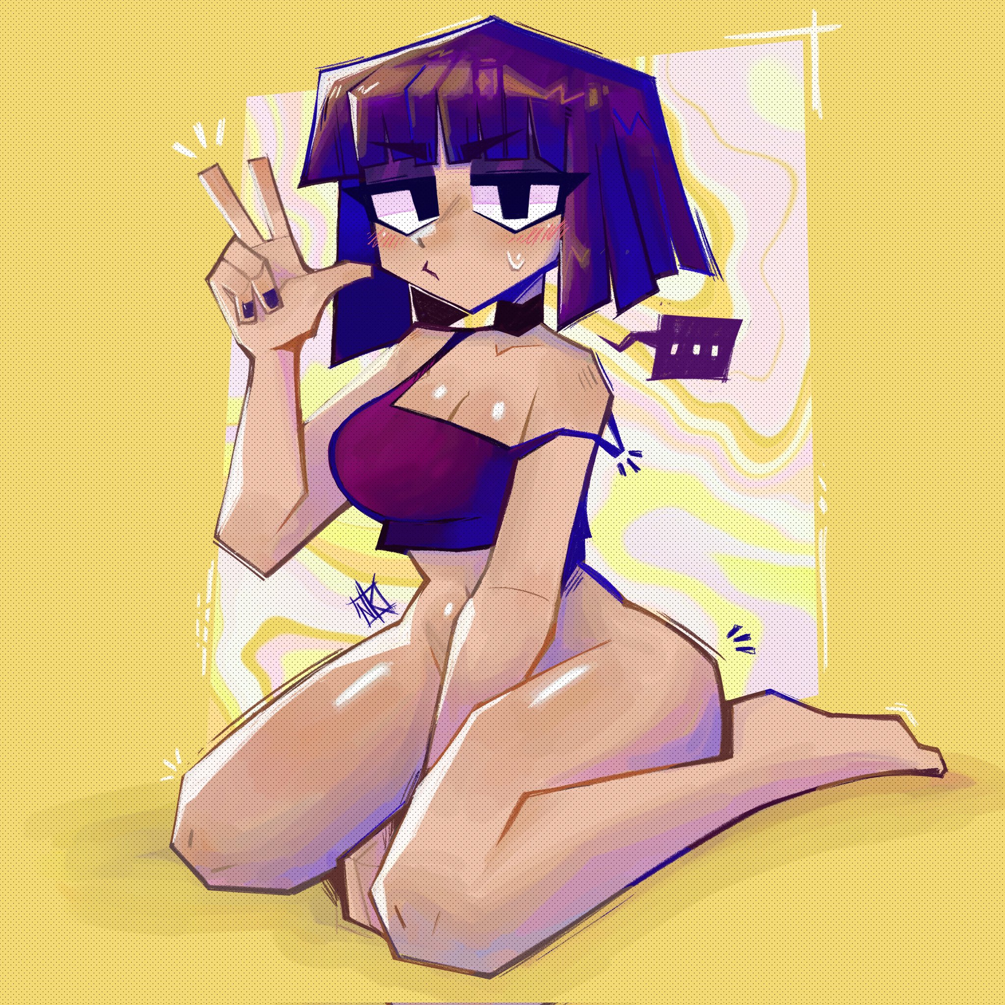 a cartoon anime girl with purple hair and a purple crop top. she is smiling and giving a peace sign with her right hand. she is sitting on a yellow and pink background. she has a friendly look on her face.