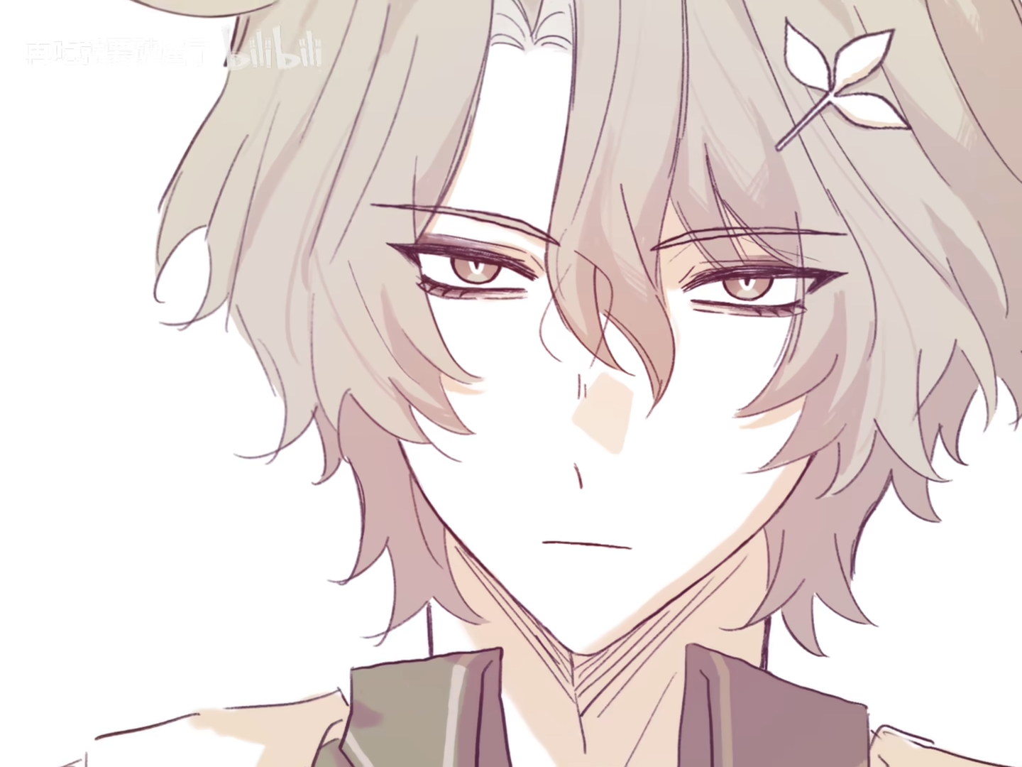 a drawing of a male anime character with light grey hair, sharp eyes, and a leaf accessory in his hair. the drawing is done in light colors with visible line art.