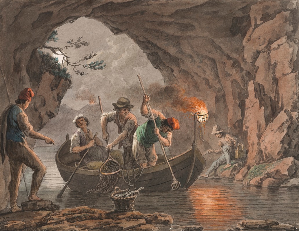 a group of fishermen are in a boat inside a cave, illuminated by torchlight. one man stands on the shore, pointing towards the water, while others are in the boat, one holding a torch, one with a tridentlike spear, and another with a net. there is a basket of fish in the boat. a figure sits on the cave wall, fishing in the water.