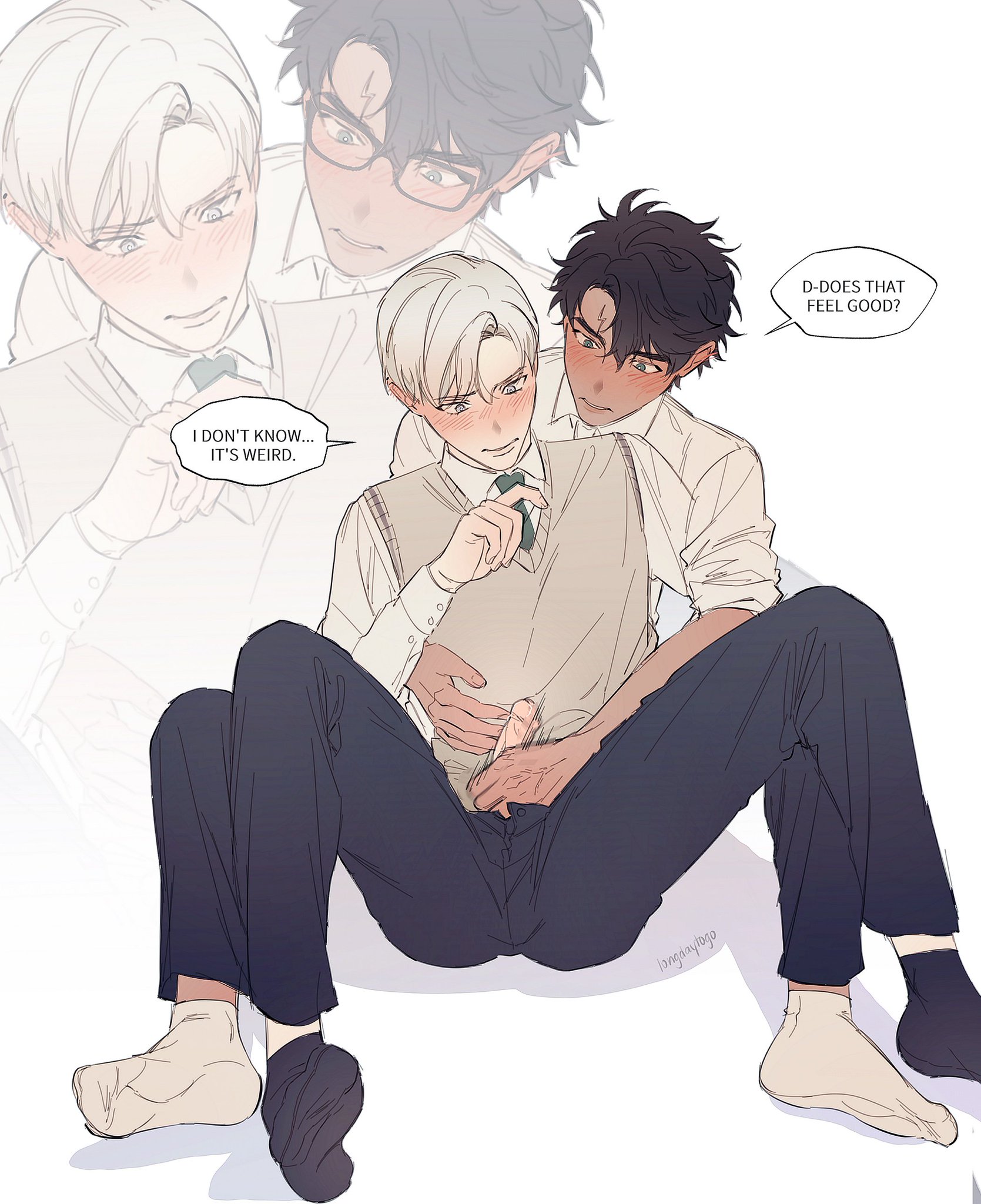 the image is a piece of yaoi manga depicting two young men in a close and intimate moment. one, with white hair, is sitting on the lap of the other, who has dark hair.  the whitehaired boy is slightly blushing, and their hands are intertwined in a suggestive manner. a speech bubble shows one character asking if it "feels good," implying a sexual encounter.  the style is soft and somewhat suggestive, rather than explicitly graphic. the background shows a ghostly, fainter image of the whitehaired boy, emphasizing the intimate nature of the scene. the overall atmosphere is romantic and tender, yet suggestive of a developing sexual relationship.