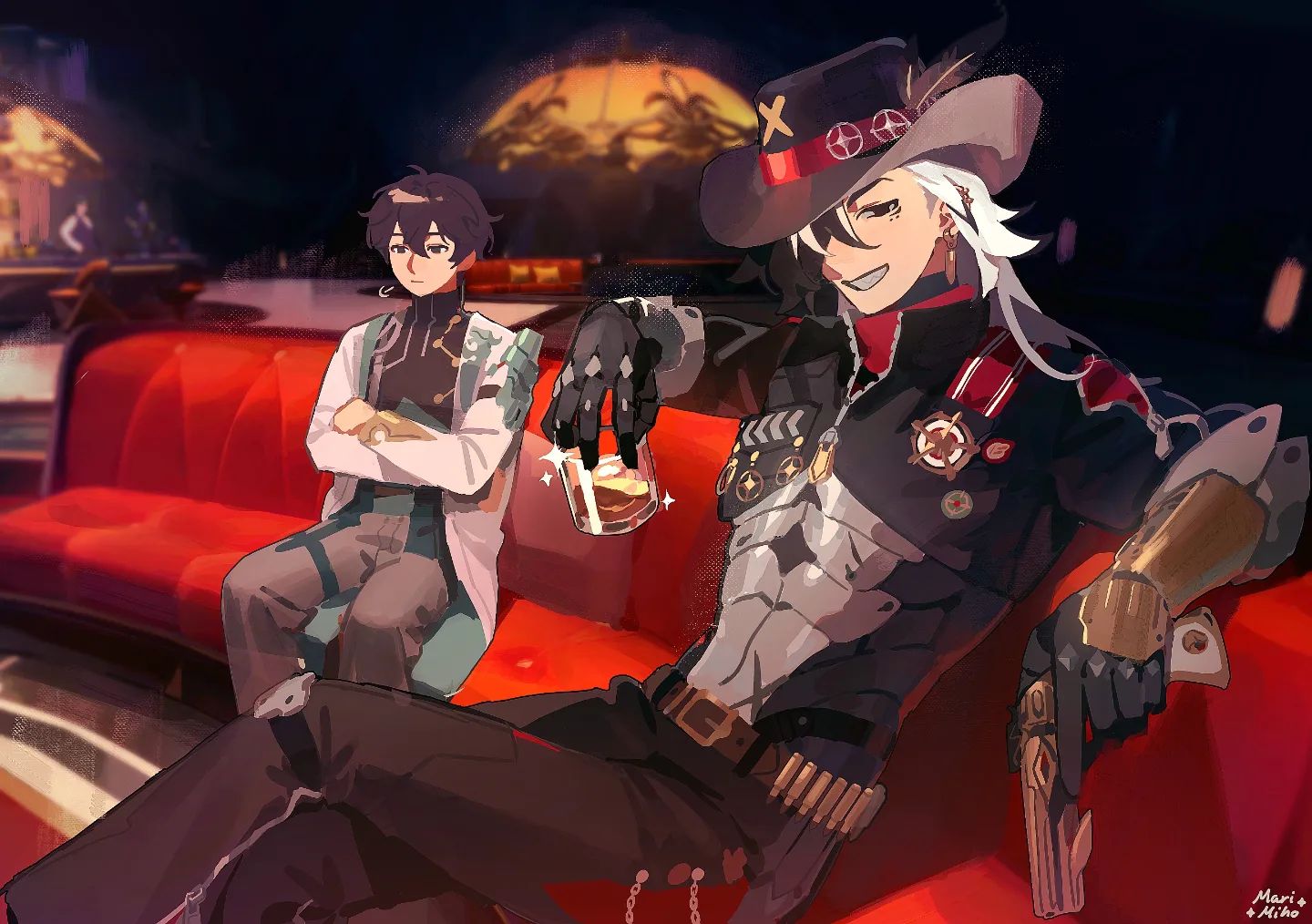 the image is a vibrant digital fanart depicting two male characters from the game genshin impact. one is scaramouche/wanderer, easily identifiable by his signature cowboy hat and ornate westerninspired attire, and the other is itto.  scaramouche is prominently featured, lounging on a red sofa with a glass of amber liquid (likely whiskey) in his hand, displaying a confident and relaxed demeanor. he's holding a gun casually. itto sits beside him, in a more formal, almost scientist like outfit, arms crossed, wearing a more subdued outfit. the setting appears to be an upscale bar or lounge, adding to the scene's atmosphere of sophisticated casualness. the art style is dynamic and striking, with a blend of anime aesthetics and elements reminiscent of cyberpunk and western settings. the overall mood is a sophisticated, relaxed hangout between the two characters.