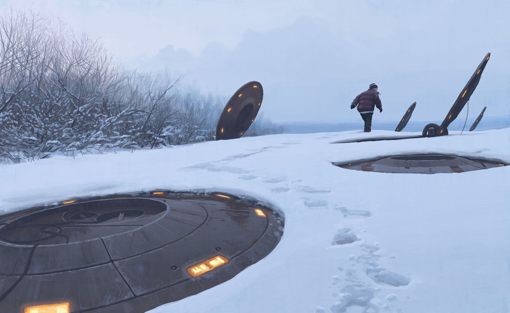 a man in a red jacket walks on snow. the man is in the foreground and walking in a snow covered landscape. in the background are three spaceships with their undersides exposed.  the spaceships are semisubmerged in the snow, with the rear sections of the spaceships  partially exposed. the middle spaceship is the largest.  the man walks in the direction of the spaceships, his footprints trail off to the background. the spaceships appear to be from another planet. the sky is a light blue color with some clouds.