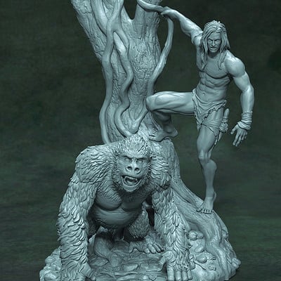the image shows a detailed gray, 3dprinted model or statue depicting tarzan, a famous fictional character, standing atop a tree trunk entwined with vines alongside a large gorilla.  tarzan is in a dynamic pose, seemingly interacting with or perhaps protecting himself from the gorilla. the sculpture is highly realistic in its detailing of muscles, fur, and texture of the environment, all rendered in a monochromatic gray color scheme. the overall impression is one of a jungle scene frozen in time, evoking the adventurous spirit of the tarzan story. the backdrop is a muted darkgreen suggesting a jungle setting.