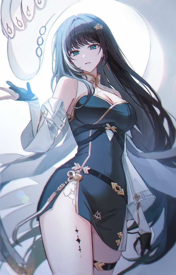 a beautiful anime girl with long black hair and blue eyes is wearing a blue and white dress and a golden belt. she's looking at the camera with a hint of sadness. she's holding a white orb in her hand and standing in front of a white background.