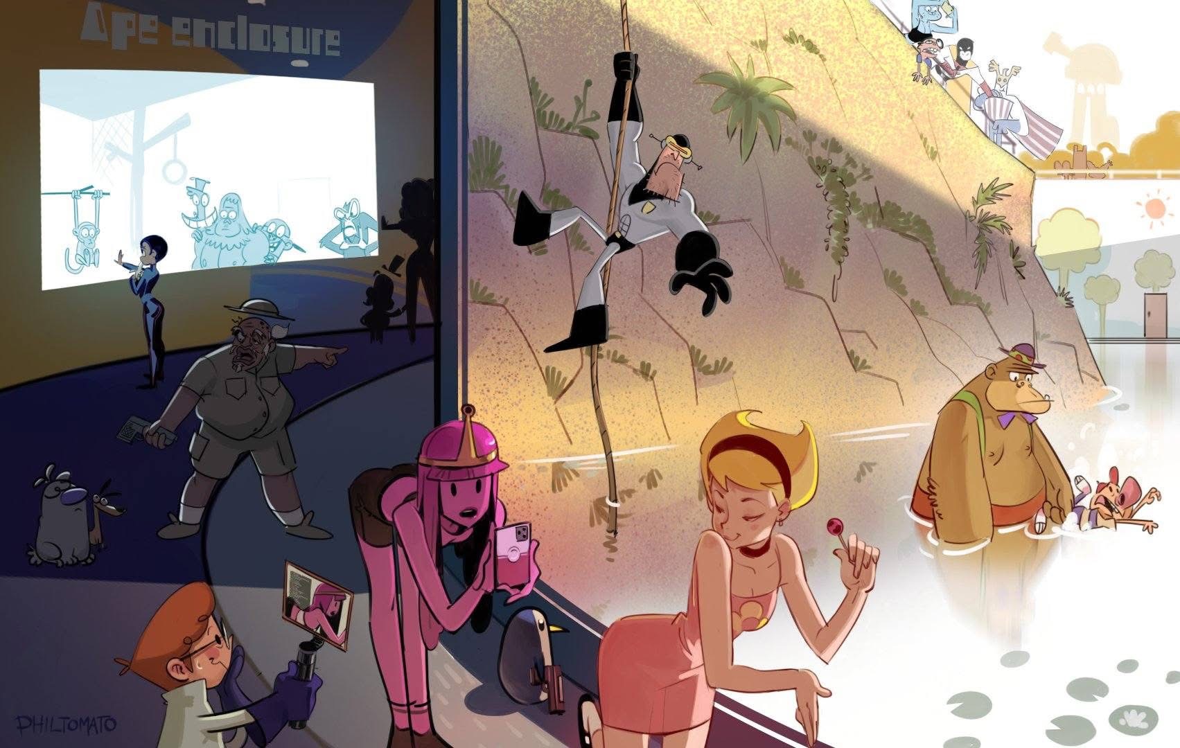 the image depicts a zoo scene with various cartoon characters. on the left, dexter is filming princess bubblegum, who is taking a photo with her phone. a zookeeper points at the ape enclosure where cartoon ape characters are depicted. in the center, johnny bravo is climbing a rope. on the right, grape ape is swimming in a lake with secret squirrel. space ghost and marge simpson are visible on a rock formation in the background. tourists are observing the scene.