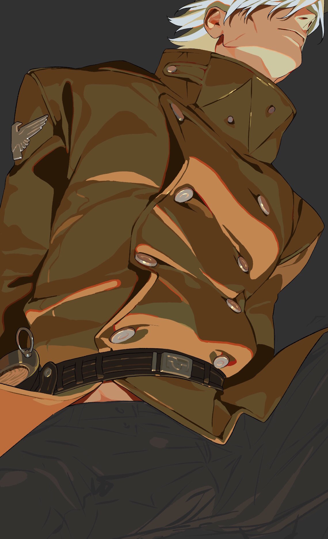 a digital anime drawing of a man in a military uniform. the man has white hair and is looking up with a neutral expression. he is wearing an olive green military jacket with buttons, a belt with a buckle, and black pants. the background is a dark gray color. the image is cropped to focus on the man's upper body and part of his pants.