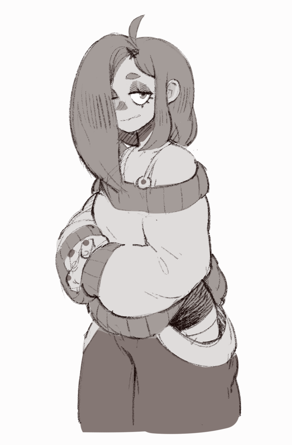 this is a digital drawing of a young woman with long brown hair. she is wearing a sweater and is smiling. the drawing is in black and white and has a simple style.  the background is white.