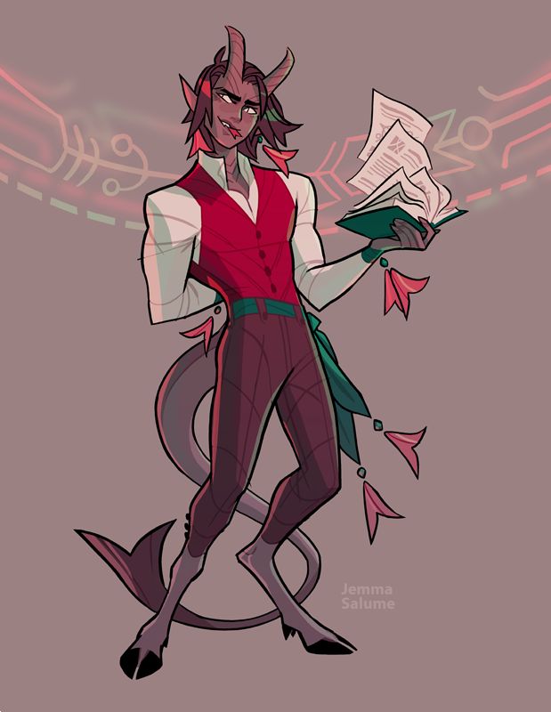 this is a digital illustration of a fantasy character. the character is a humanoid with horns and a tail, and appears to be a demon. they are dressed in red and green clothing and holding a book in their hand. they are standing with one leg in front of the other and their tail is curled around their body. they have a smirk on their face, and their eyes are glowing. the background is a pale pink color with a few green and red lines.