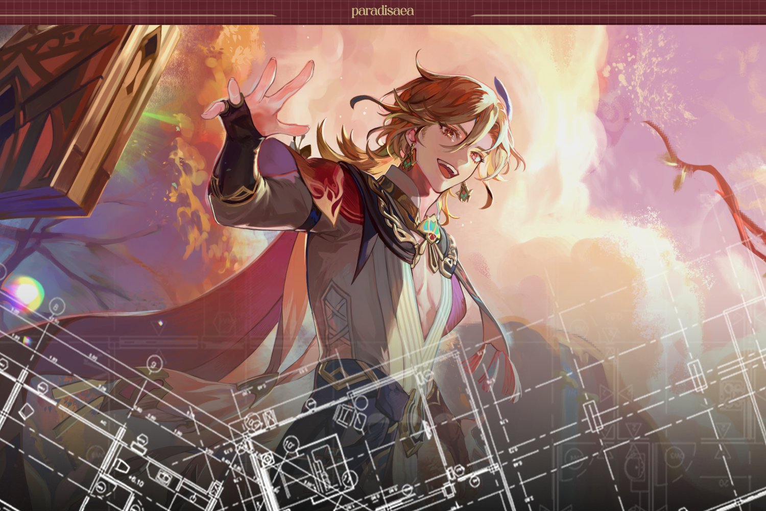 a young animestyle man with long blonde hair and a red, blue, and green outfit is smiling happily as he stands in a sunset sky background. a blueprint is overlayed on the image, appearing to be a design for a building or structure.