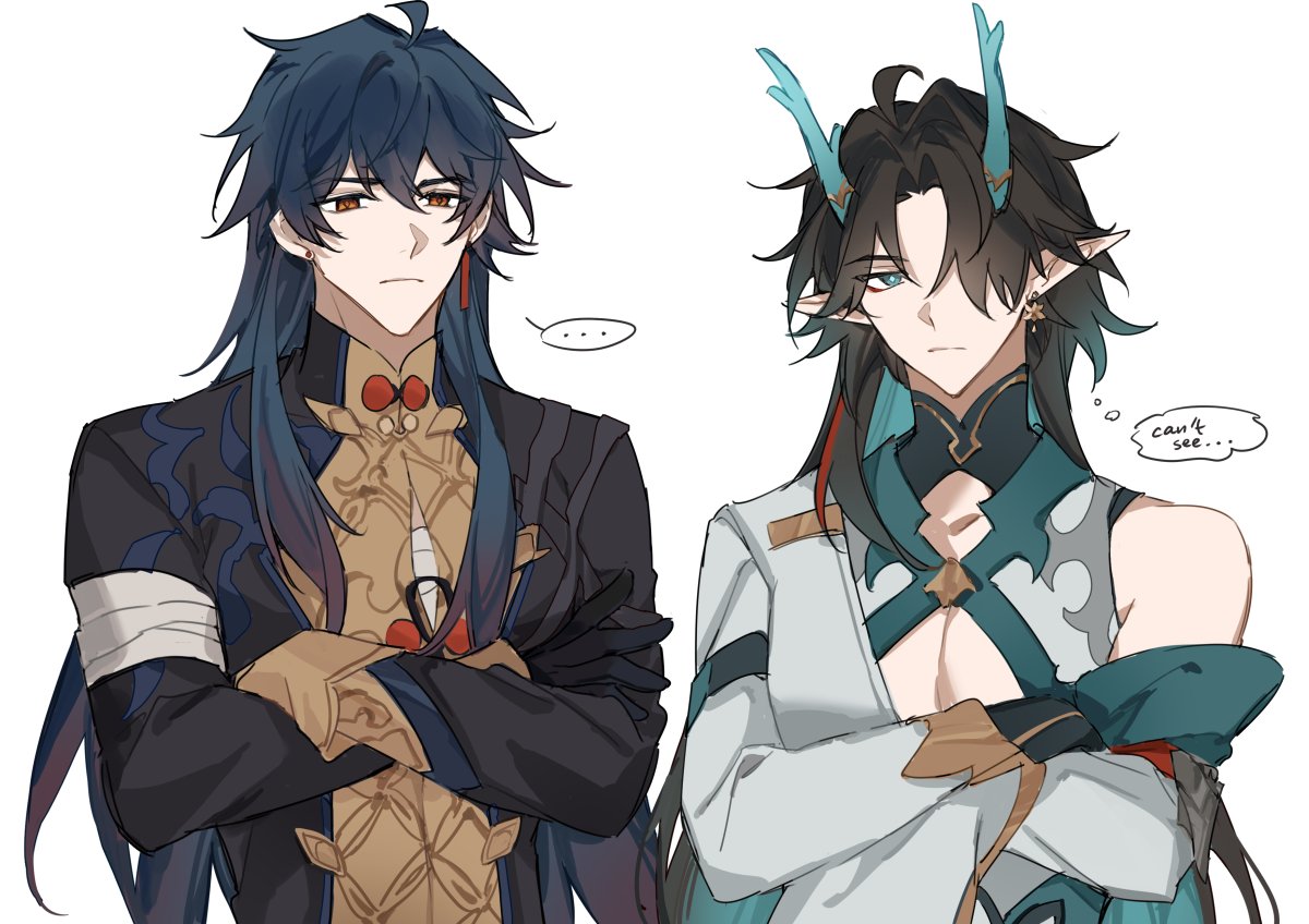 a digital artwork depicting two anime boys, one is dressed in black and gold and has his arms crossed, and the other is in a white and teal outfit with his arms crossed and a thought bubble that says, "can't see...".