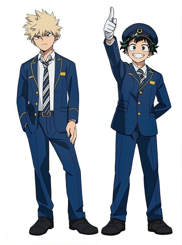 the image contains two anime characters, izuku midoriya (deku) and katsuki bakugo, from the series my hero academia. they are dressed in blue train conductor uniforms with yellow accents. deku is smiling and raising his right hand with a white glove, while bakugo is standing with a more serious expression, his hand in his pocket.