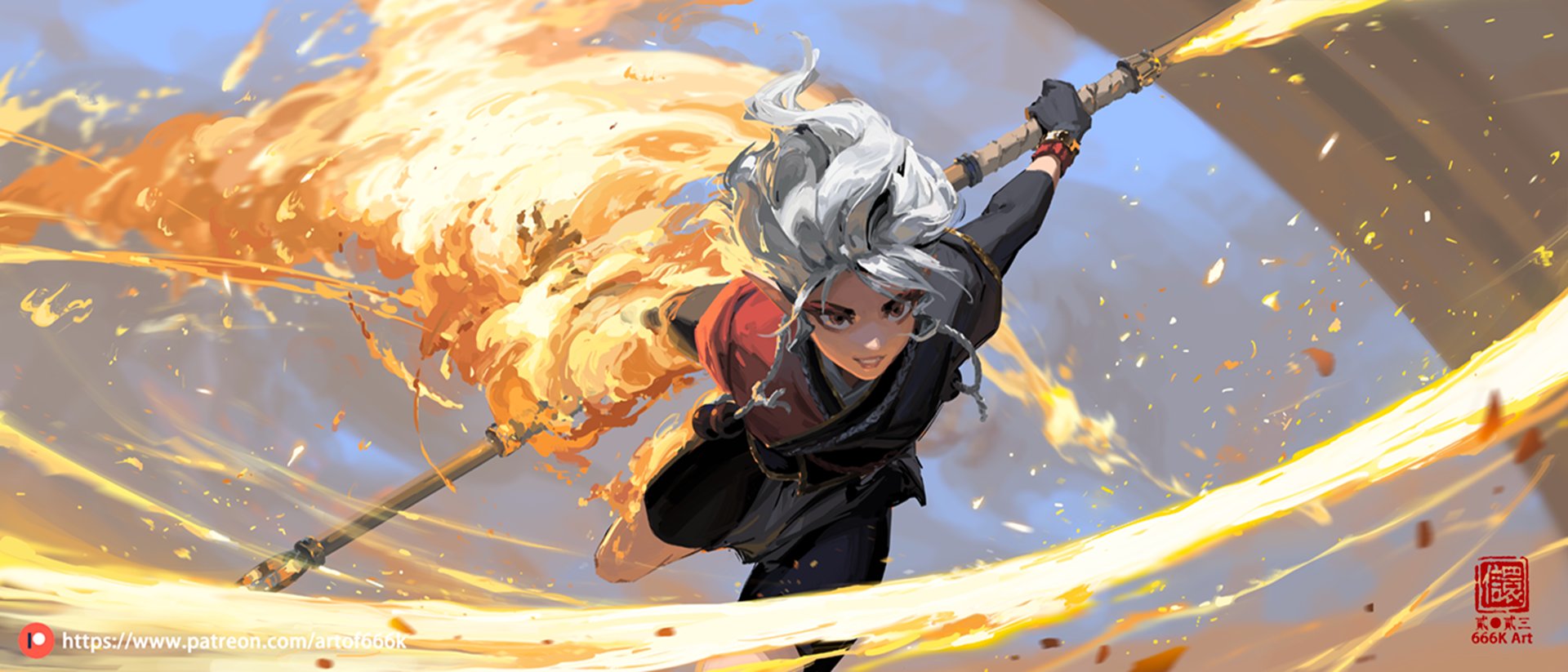 the image is a vibrant digital painting of a female anime character, seemingly a warrior or fighter. she has long white hair, and is clad in a dark, almost black outfit with red accents. the character is depicted midaction, wielding a staff or spear that is engulfed in swirling, bright orange and yellow flames.  the background is a mix of pale blue and orange hues, suggesting a dynamic and energetic setting. the overall style is expressive and dynamic, with emphasis on the character’s movement and the fiery energy emanating from her weapon.  a small artist signature or watermark is visible in the bottom right corner.