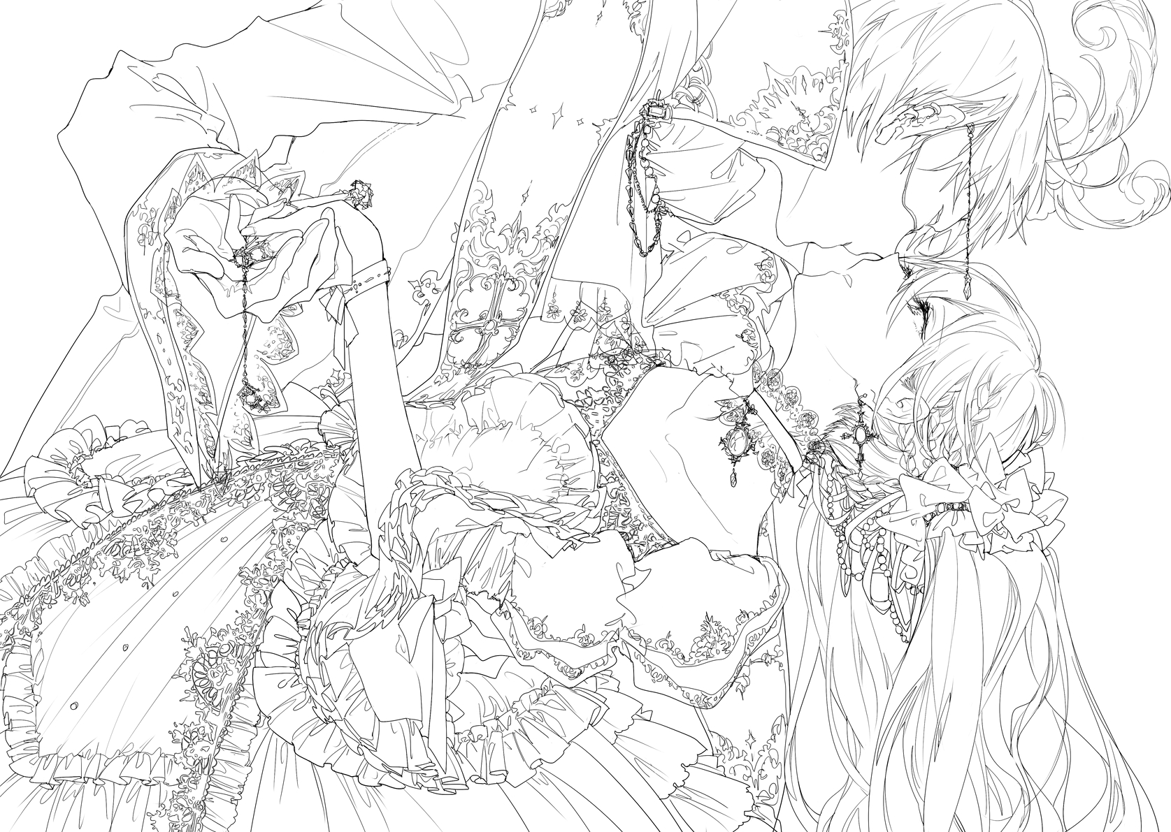 a detailed line drawing depicts a romantic scene featuring a couple in a passionate kiss. the individuals are adorned in ornate, victorianera clothing, with layers of frills, lace, and intricate designs. the woman's hair is long and flowing, complemented by the man's equally elaborate hairstyle. their clothing suggests a historical or fantasy setting, emphasized by the detailed gown and the man's formal attire. the overall composition evokes a sense of romance, fantasy, and vintage elegance.