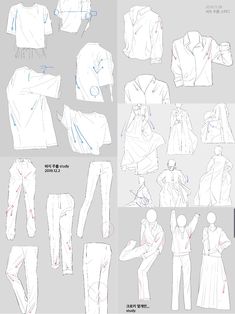 the image is a drawing tutorial showing how to draw clothes and fabric folds on the human figure. it features multiple sketches of shirts, pants, and dresses from different angles, highlighting the way fabric drapes and wrinkles with movement. the tutorial emphasizes understanding form and flow to create realistic clothing illustrations.