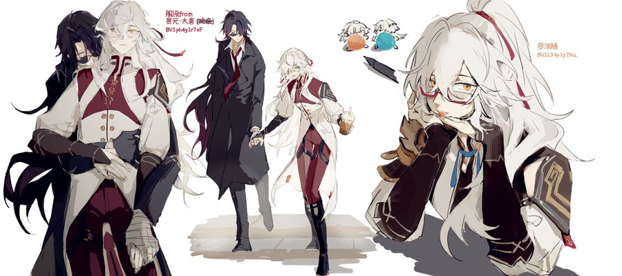 the image is a digital illustration of four anime characters. two are standing in the foreground, one is sitting, and one is in the background. all of the characters are male except for the one sitting. they are all smiling and appear to be happy. the two characters in the foreground are holding hands. the character standing on the left is wearing a white and red outfit. the character standing on the right is wearing a black coat. the character sitting is wearing a white and brown outfit. the character in the background is wearing a white coat. the image is set in an urban environment.