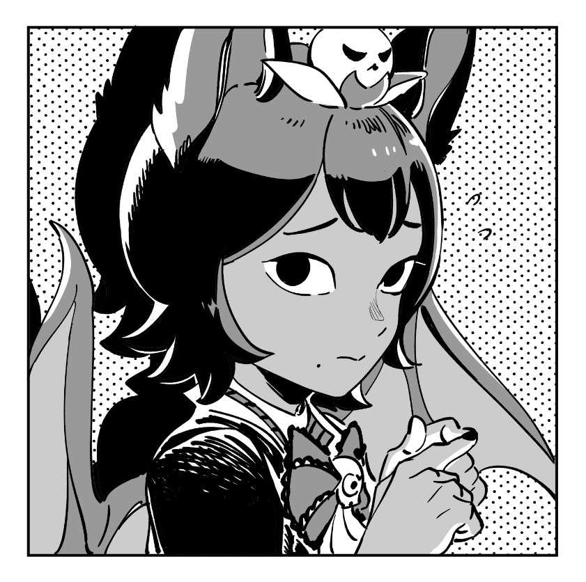 a black and white illustration of a girl with large eyes and bat wings. she is wearing a dress with a bow and a headband. her hands are in front of her, and she looks shy. the illustration is drawn in a manga style.