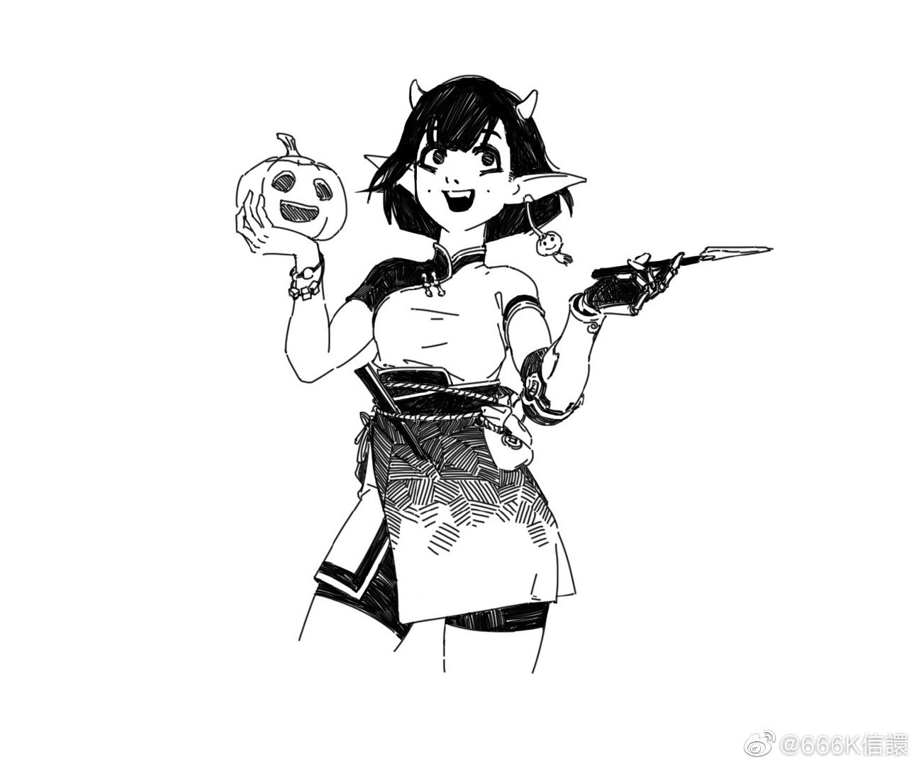 a black and white ink drawing of an animestyle girl with small horns, dressed in a qipaostyle outfit.  she is holding a carved pumpkin and a knife, suggesting a halloween theme.  her expression is playful and mischievous. the style is detailed and expressive. the image has a watermark in the lower right corner.