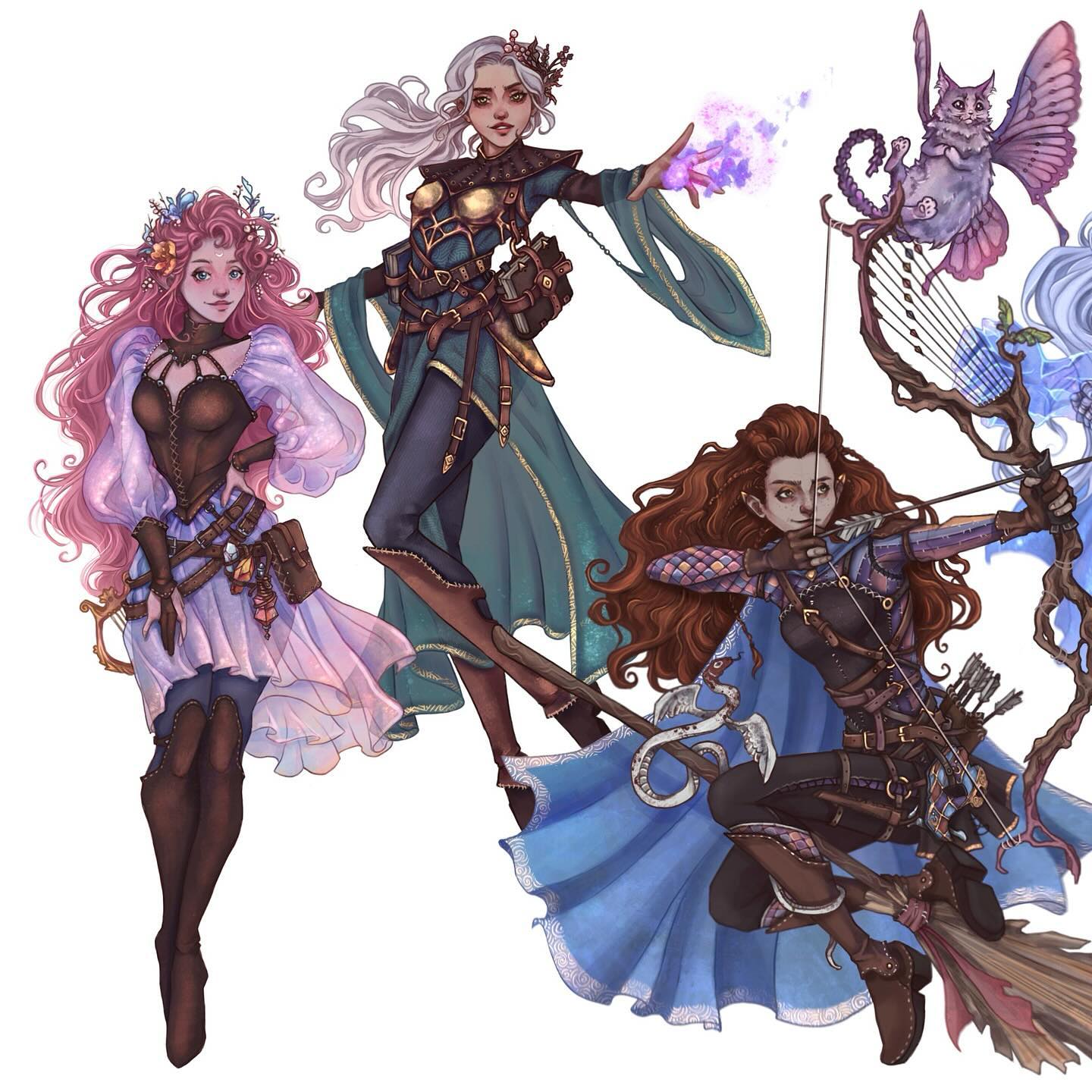the image is a vibrant digital painting depicting three female fantasy characters in distinct roles, seemingly part of a fantasy adventure or roleplaying game. character 1 (left): a bardlike character with long pink hair, adorned with flowers, wearing a light pink and brown steampunkinspired outfit. she holds a small harp. character 2 (center): a sorceress with long silver hair, in a teal and gold gown, wielding a magical staff and emitting purple energy.  she is riding a flying broomstick. character 3 (right): a rangertype character with long auburn hair, dressed in dark clothing suitable for archery. she is aiming a bow and arrow, while also riding the same flying broomstick as the sorceress. background elements: a small griffinlike creature perches on the harp, and there are hints of magical flora surrounding the characters. the overall style is whimsical and detailed, with a blend of pastel and richer colors. the piece suggests a sense of teamwork and magical adventure.