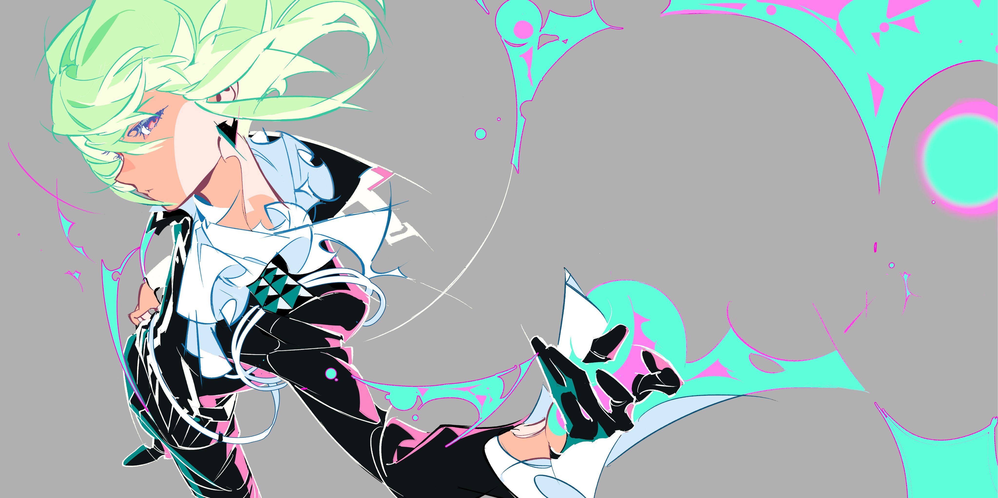 the image showcases a dynamic illustration of a young woman, potentially an anime or manga character, with vibrant green hair and striking purple eyes. she sports a stylish black outfit accented by white ruffles, adding a touch of elegance to her look. the artwork captures her in midmotion against a neutral gray background, enhanced by streaks of teal and pink that create a sense of energy and movement. her pose and the surrounding effects suggest she might possess supernatural abilities or be engaged in an actionpacked scene.
