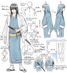 the image is a detailed character design sheet for an anime or manga character. it features a male character in traditional japanese clothing, including a kimono and hakama, as well as a sword. the sheet includes various sketches and annotations showing different angles of the character's clothing, as well as notes on the design and construction of the kimono and hakama.