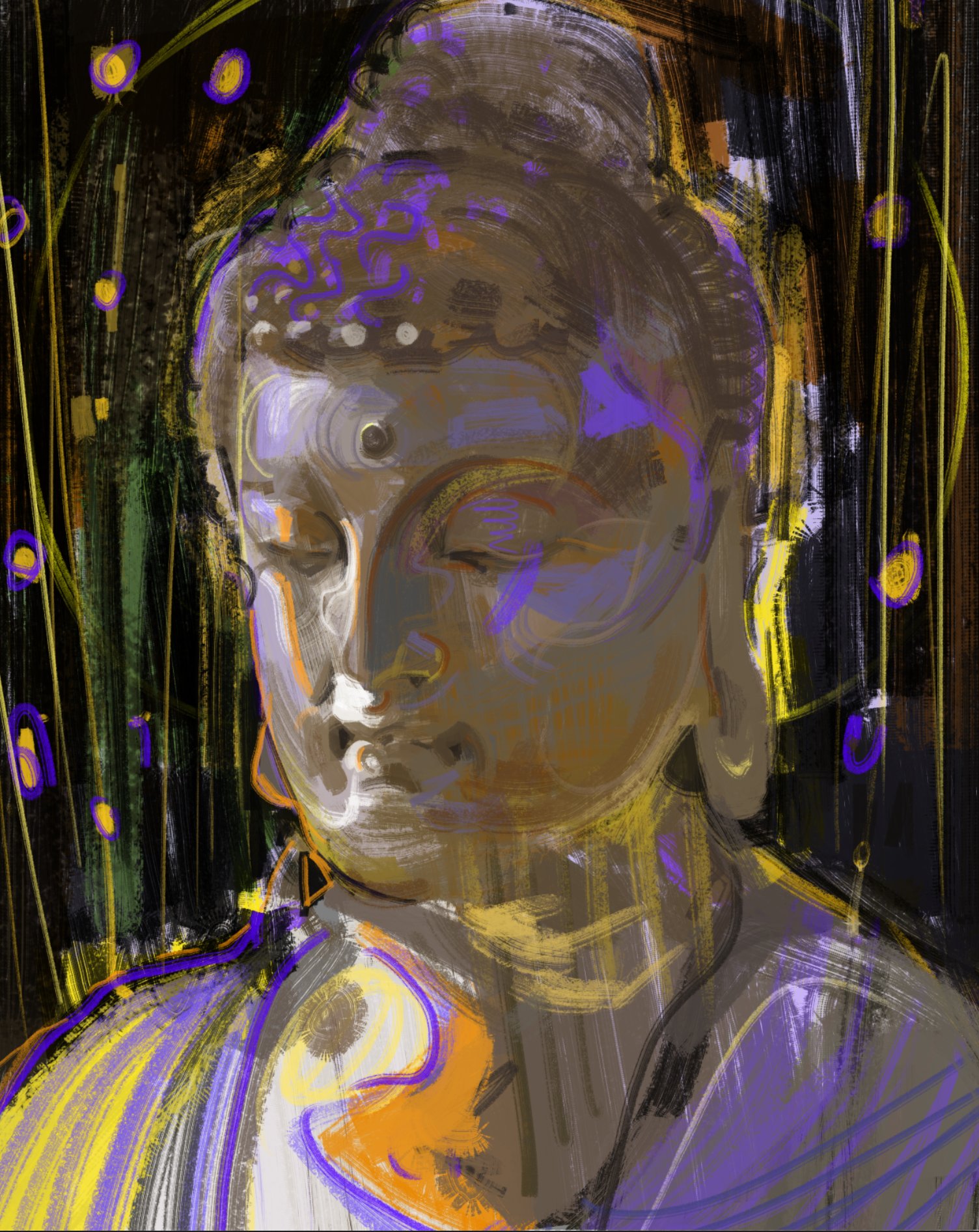 a digital painting of buddha's face. the painting is abstract and colorful, with brushstrokes in shades of yellow, purple, and green. the face is rendered in a calm and serene manner, with closed eyes and a gentle expression. the background is a blur of color and texture, creating a sense of depth and movement. the painting is a beautiful and evocative piece of art that captures the essence of buddha's teachings of peace and enlightenment.
