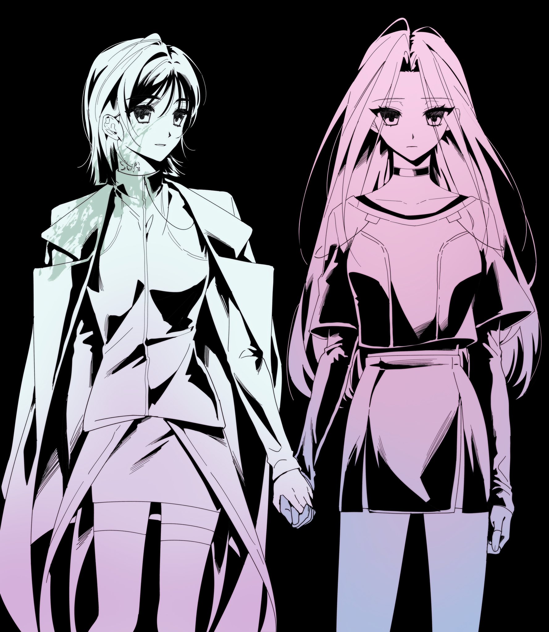two anime girls are standing side by side. both are wearing fashionable clothing: the one on the left is wearing a jacket and skirt, the one on the right is wearing a dress. they are holding hands, looking at something outside of the frame, and standing against a black background. the image is drawn in black and white with highlights of pink and blue. their poses are serious and dramatic, showcasing their coolness and elegance.
