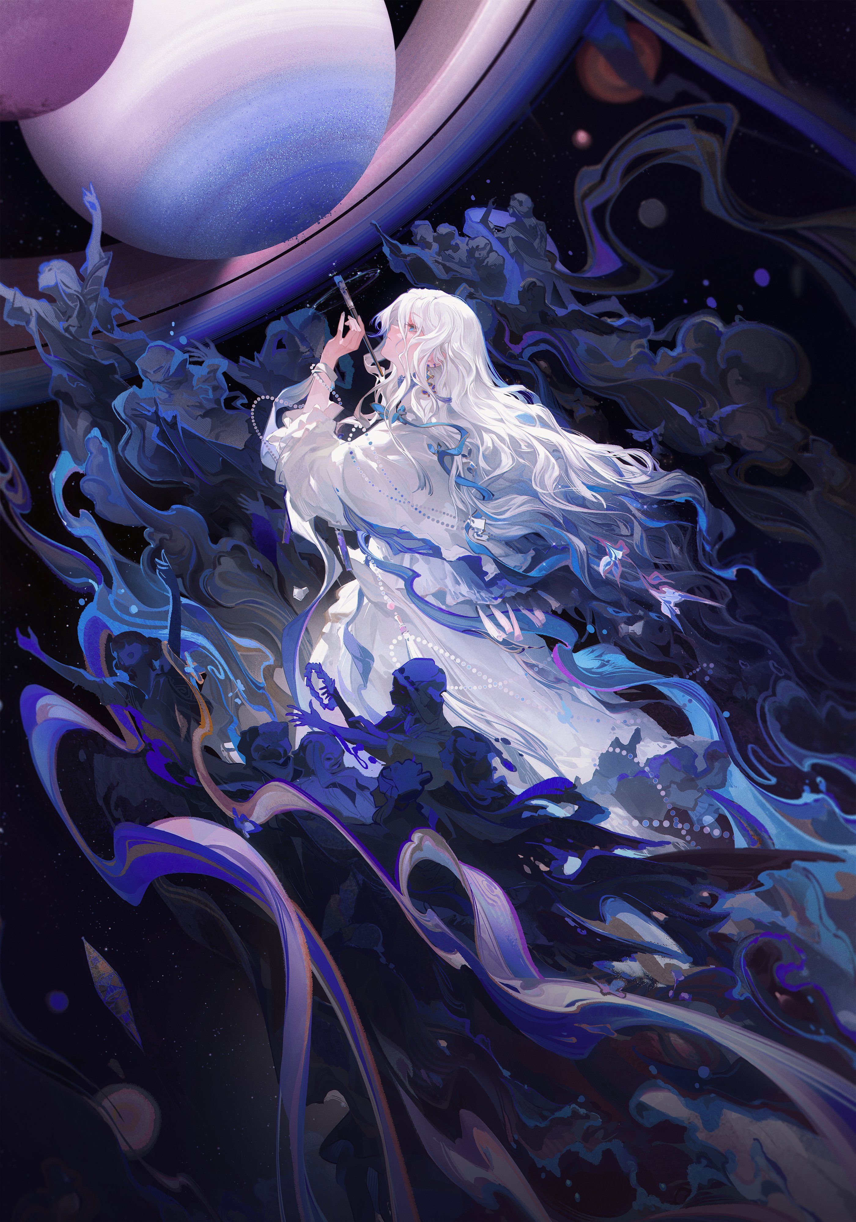an anime girl with long white hair and a white dress floats in a swirling galaxy of blues and purples.  the girl's hair is flowing in the wind and she is looking up at the sky.  there are planets and stars in the background.  the image is abstract and magical.