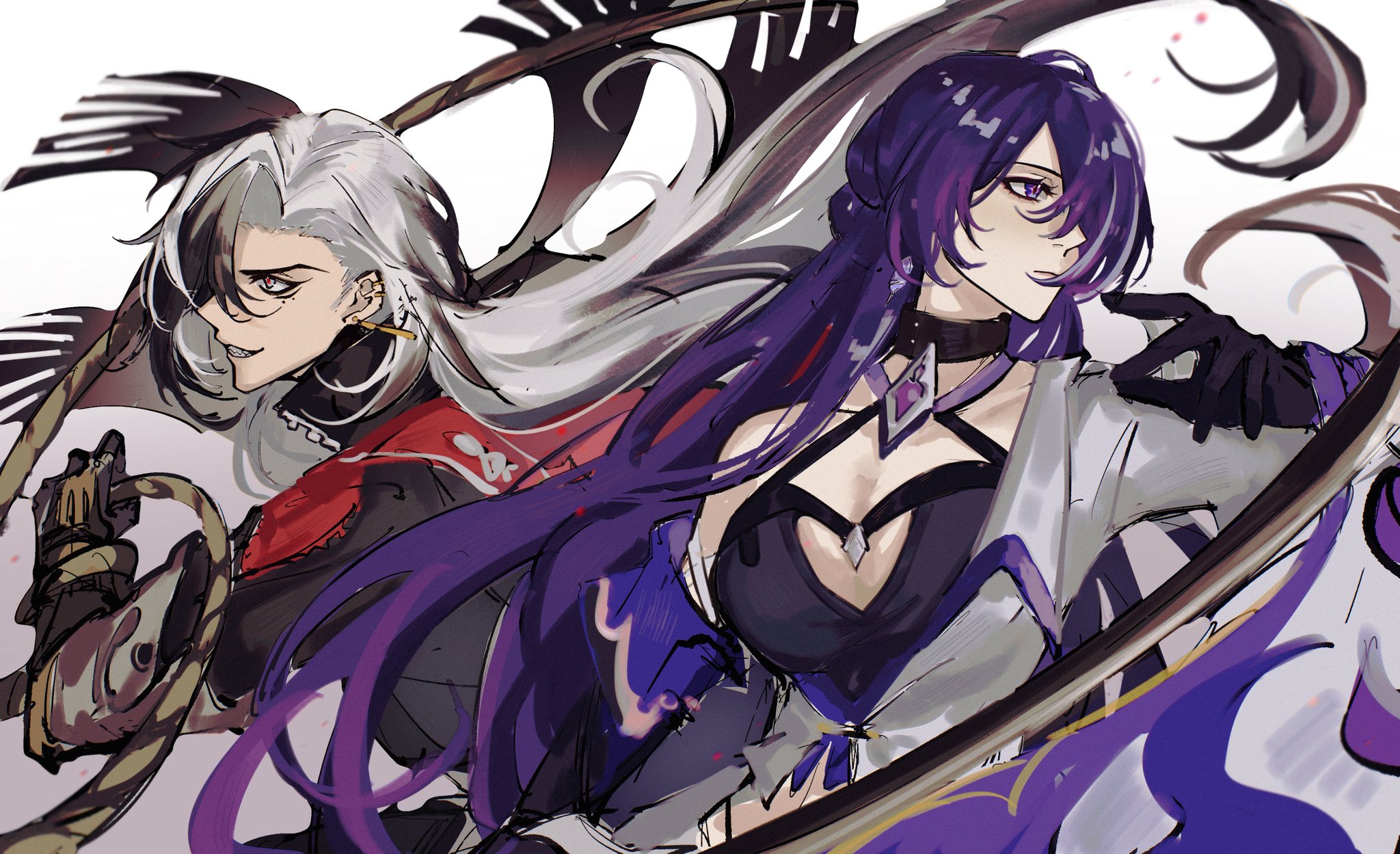 two anime characters, one with white hair and red eyes and the other with purple hair and black eyes, are shown standing closely together. both are wearing elaborate costumes. the woman with purple hair is in a white outfit with a lowcut top and a black choker. the other woman is dressed in a black and red outfit with white accents. the two are surrounded by swirls of purple and black, and there is a large sword blade in the foreground.  the artwork is in a colorful digital painting style, which gives it a whimsical and fantastical quality.