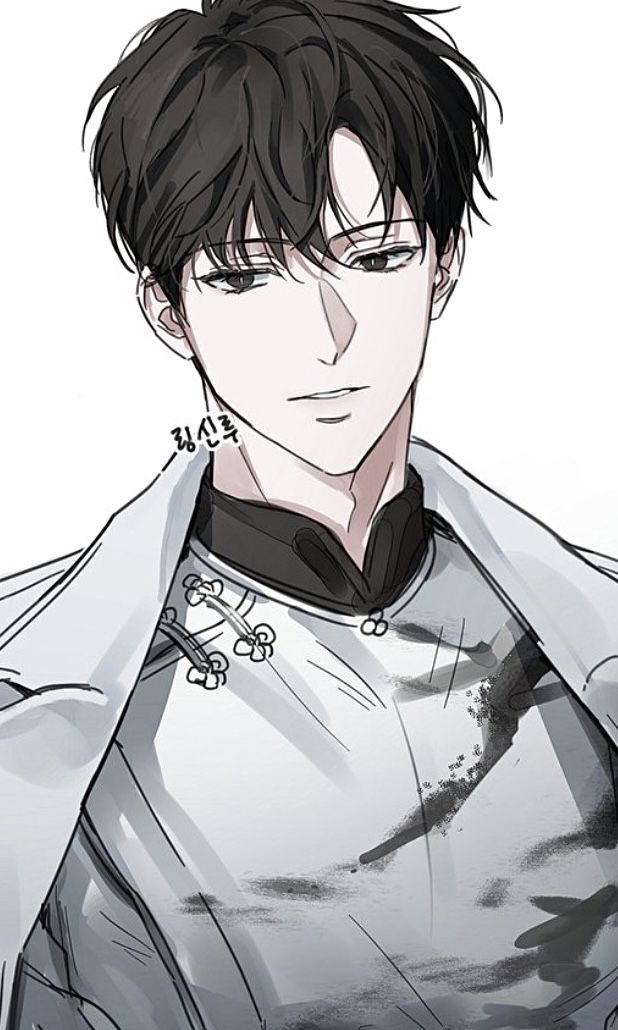a drawing of a man in an anime style. the man has dark hair, light skin, and is wearing a traditional style light gray jacket over a black shirt. the image is a portrait focusing on his face and upper body.