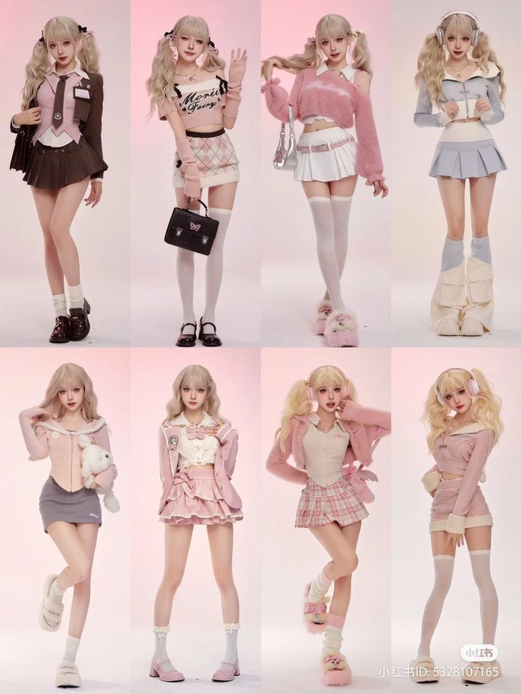 the image features a blonde woman showcasing eight different pink and white themed outfits. each outfit embodies a girly and preppy y2k aesthetic, incorporating elements like pleated skirts, cardigans, kneehigh socks, and platform shoes. the woman poses against a solid pink backdrop, further emphasizing the pink color scheme prevalent throughout the image.