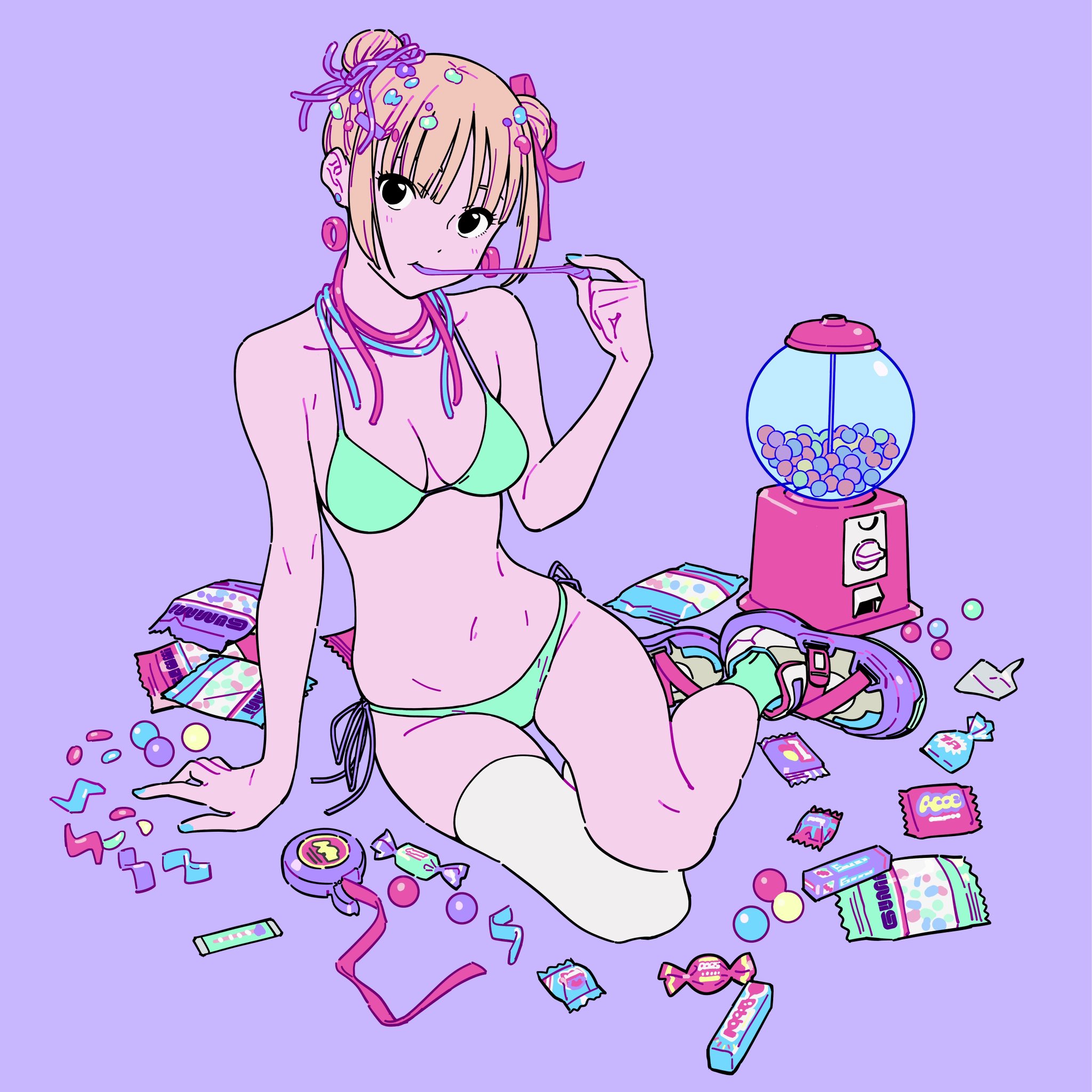 the illustration depicts a cute animestyle girl in a pastel green bikini, sitting amidst a colorful array of candy and sweets. she's chewing a piece of bubblegum, and a gumball machine sits nearby, adding to the overall sugary theme. the overall style is kawaii (cute) with vibrant pastel colors and a playful mood. the girl's expression is cheerful, and her pose is relaxed. the image is highly stylized and detailed, with a focus on bright colors and charming character design.  she has her hair styled in buns with candylike decorations.  there are various types of candy scattered around her, including individually wrapped candies, gum, and loose candies. she is also wearing white socks and sandals. the background is a soft purple.