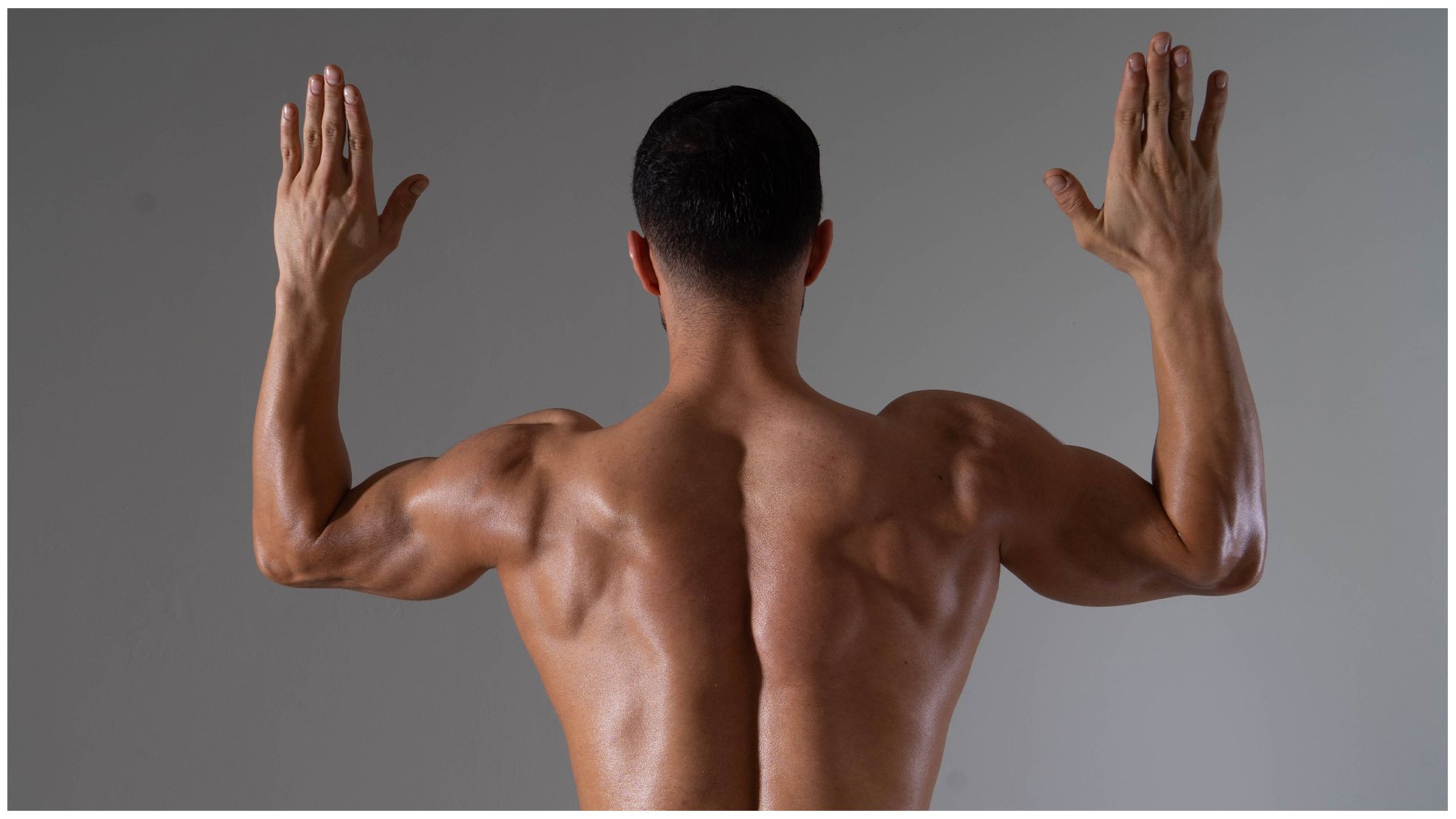 back view of a shirtless, muscular man with his arms raised. he has welldefined back muscles, triceps, deltoids, and forearms. the lighting highlights the contours of his body.