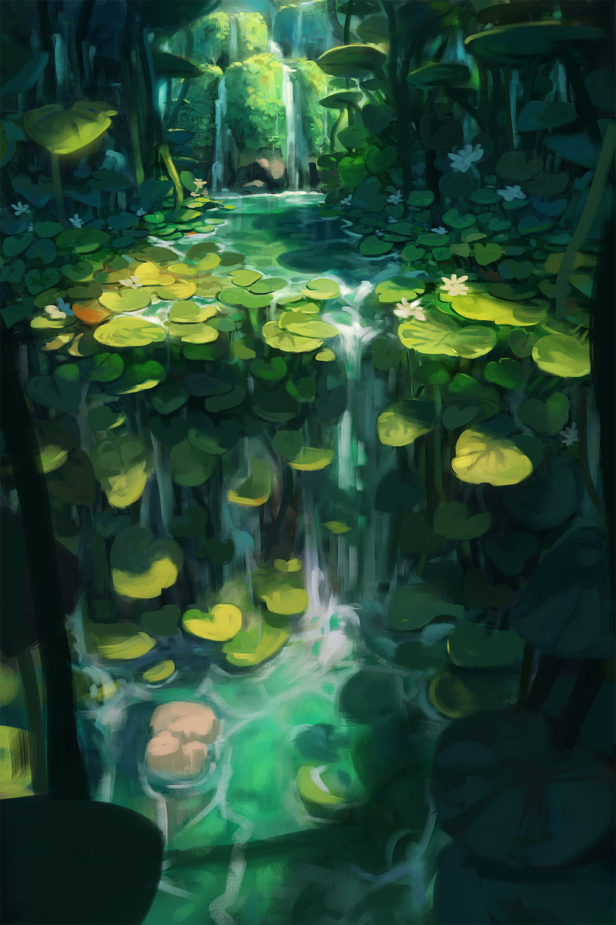 the image depicts a beautiful, hidden waterfall nestled within a lush jungle.  sunlight streams through the canopy, dappling the water and the abundance of vibrant green lily pads that fill the pond below. the perspective is from above, giving a sense of scale and depth to the scene. overall, the image evokes a feeling of peace and tranquility.