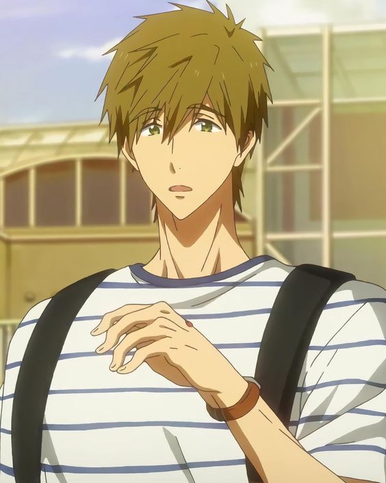 the image showcases a young man with tousled brown hair and captivating green eyes. he's dressed casually in a white and blue striped shirt, hinting at a relaxed and approachable demeanor. his backpack strap rests casually on his shoulder, suggesting a moment captured perhaps during his daily routine. the soft lighting and daytime setting create an overall sense of warmth and approachability.  his gaze is directed slightly upward, conveying a sense of thoughtfulness or perhaps anticipation.