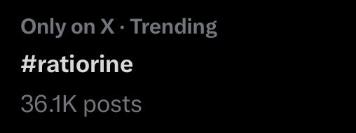 the image shows a screenshot from a social media platform (likely x, formerly twitter). it displays a trending hashtag, "#ratiorine," indicating its popularity. the text "only on x · trending" clarifies its location and status.  beneath the hashtag, the number "36.1k posts" indicates the volume of content associated with the hashtag.  the background is black, common in the design of many social media apps.
