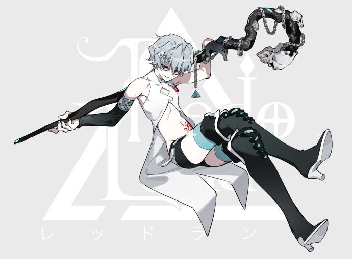 this is a digital illustration of a male anime character with white hair, black gloves, and black thigh high boots. he is holding a weapon that looks like a chain with a skull on the end of it. he is wearing a white shirt and is in a pose that suggests he is fighting. the background is grey.