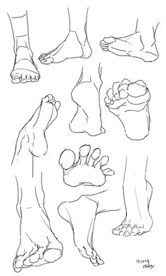 this image shows a collection of sketches of human feet from various angles. they are drawn in a loose and expressive style, likely with pencil or charcoal. the artist is focusing on capturing the form and structure of the feet, rather than creating a highly detailed or realistic rendering.