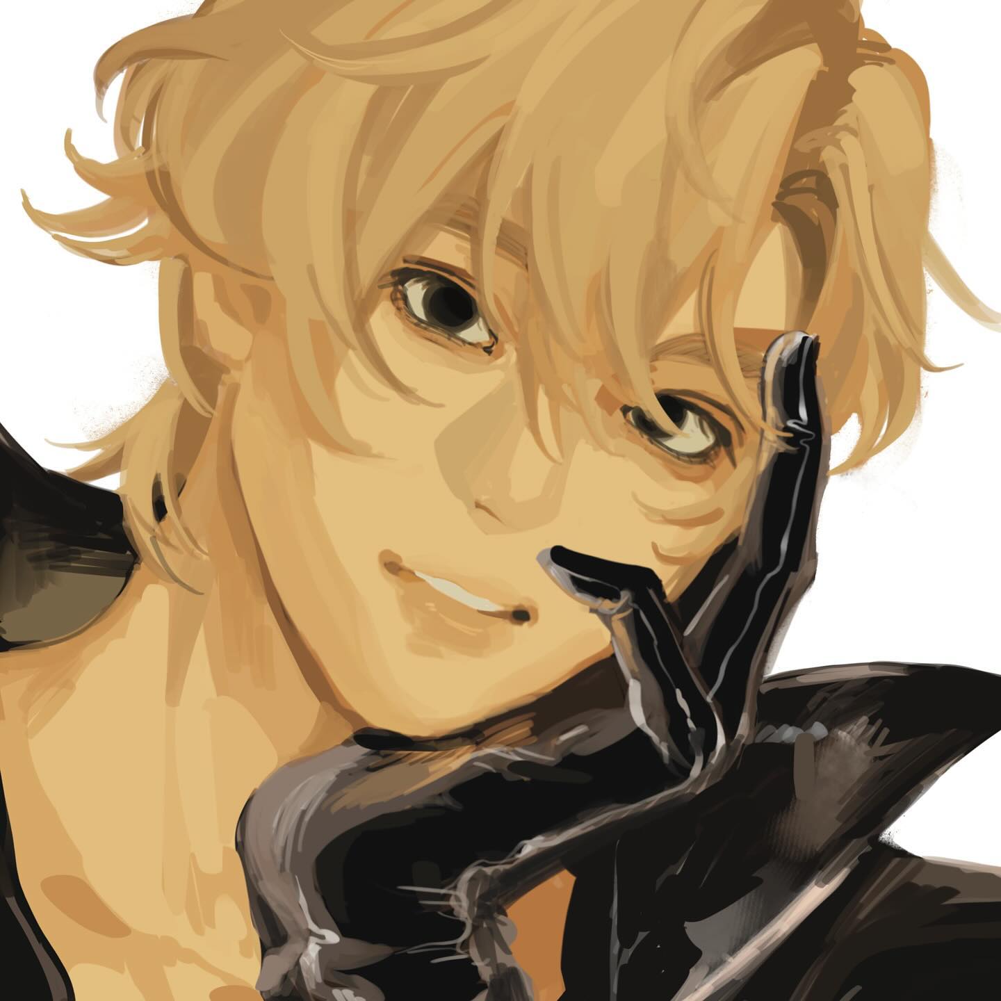 the image is a closeup digital painting or illustration of a young, handsome animestyle man with long, blond hair. he has a subtle smirk on his face and is touching his cheek with one hand, which is wearing a black, possibly leather glove. he also seems to be wearing a dark jacket or coat.  the art style is painterly, with soft lighting and warm color tones creating a feeling of elegance and perhaps a hint of mystery.  the overall impression is one of stylized beauty and character design reminiscent of anime or manga.
