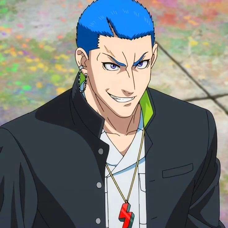 a closeup illustration of a young man with spiky blue hair. he has a mischievous smirk, purple eyes, and is wearing a black jacket over a white shirt with green accents.  he also has an earring and a necklace with a lightning bolt pendant. the background is a blur of colors.