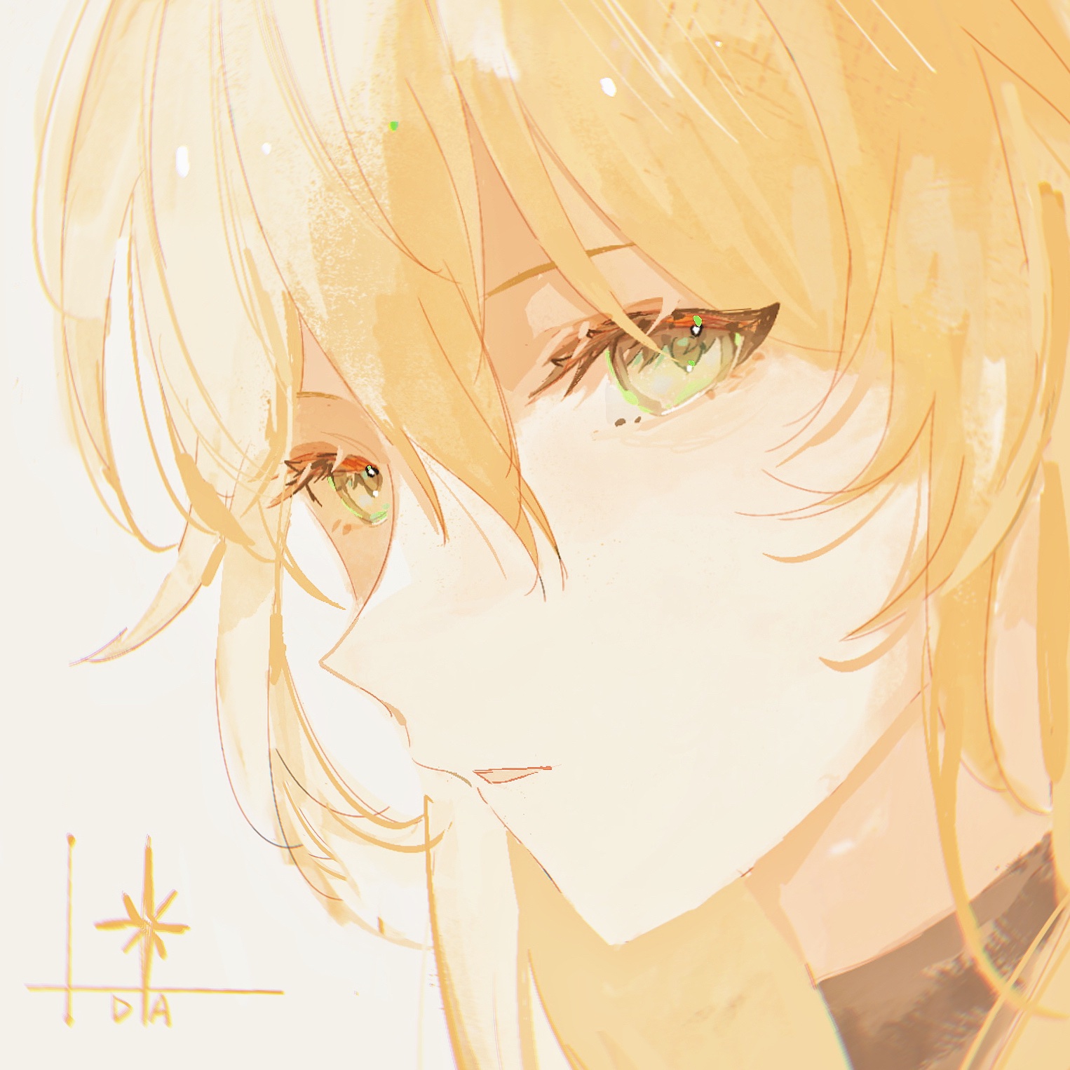 a digital illustration of an anime girl with long blonde hair and green eyes. she is looking to the side and her hair is covering most of her face. she is looking very cute and pretty. this is a close up portrait style image with a digital art style and a manga influence. the illustration appears to be a sketch/drawing.