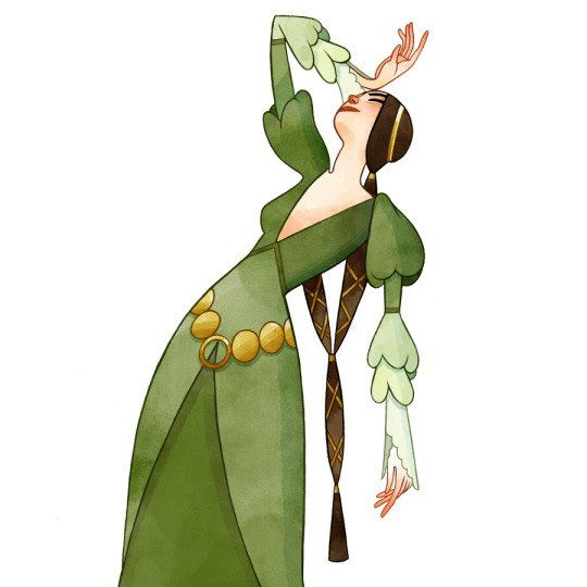 an illustration of a woman in a green dress with gold details, hands raised near her face, looking upwards. her dark hair is styled with gold accents and braids. the style is reminiscent of fantasy art.