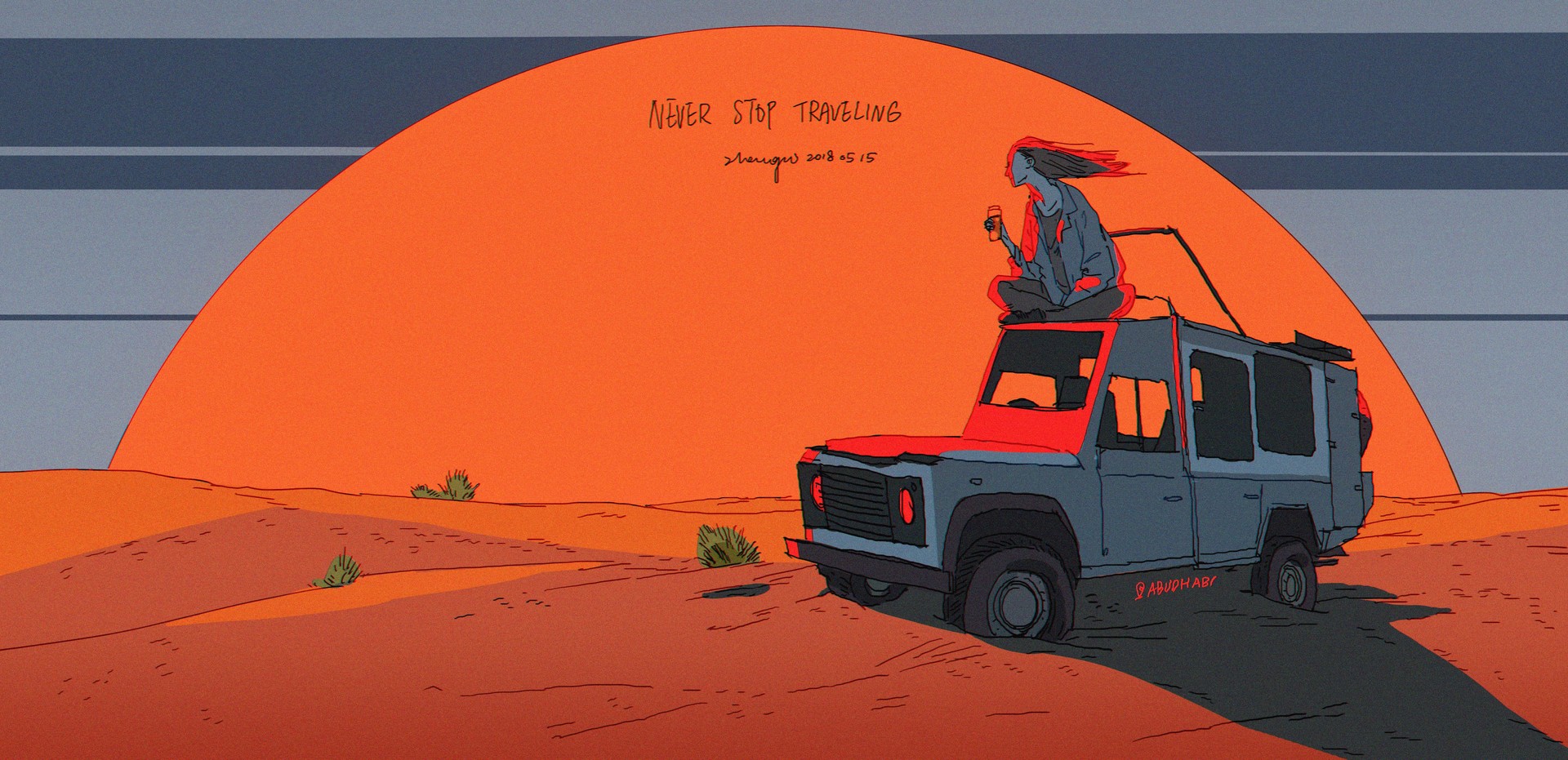 a digital illustration of a woman sitting on a jeep in the desert. the sun is setting behind her, casting long shadows. the woman is silhouetted against the sunset, and the desert is vast and empty.