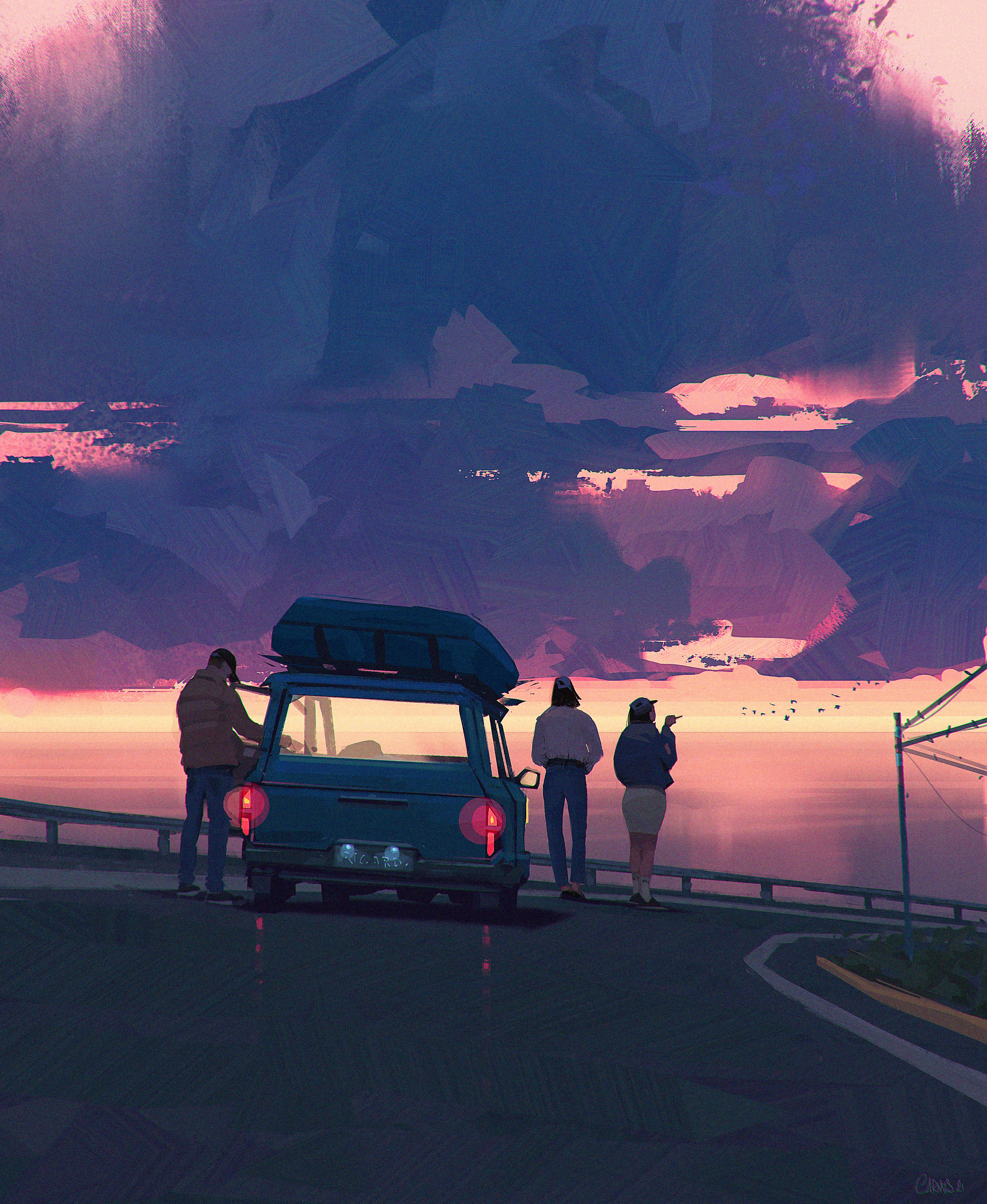 hree friends stand beside their blue station wagon, parked on a road overlooking the ocean. they're silhouetted against a vibrant sunset painting the sky in hues of purple, orange, and pink. the scene evokes a sense of freedom and adventure, capturing a fleeting moment of peace and camaraderie on the open road.