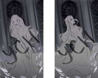 the image depicts two identical sketches of a woman in a flowing gown, seemingly in a dreamlike state. the woman is depicted in a pose that suggests movement and grace, with her hair flowing behind her. the background is a shadowy and indistinct, creating an ethereal atmosphere. the overall style of the sketches is highly stylized and romantic, suggestive of a gothic or victorian aesthetic. the lack of detail and the grayscale color palette enhance the dreamlike quality of the image.