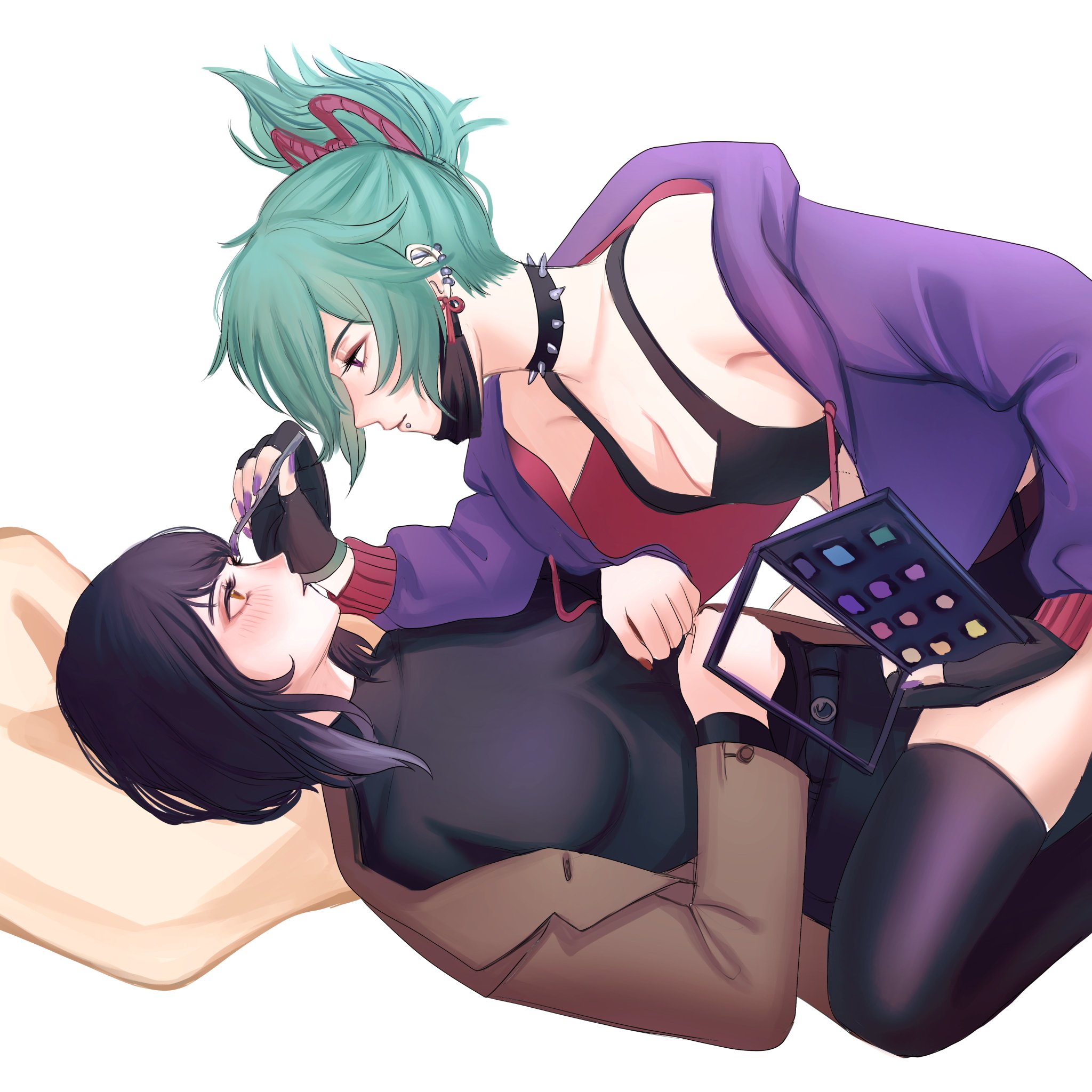 two girls, one with green hair and one with black hair, are lying on the floor. the girl with green hair is holding a makeup palette and is looking at the girl with black hair, who is looking up at her with an expression of love and happiness. the girl with green hair is applying eyeshadow to the girl with black hair's eyes. they are both smiling and seem very happy together.